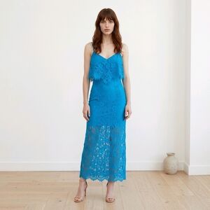 Guess Teal Blue Lace Dress Maxi Sheer Spaghetti Strap Boho Size 4 Wedding Guest